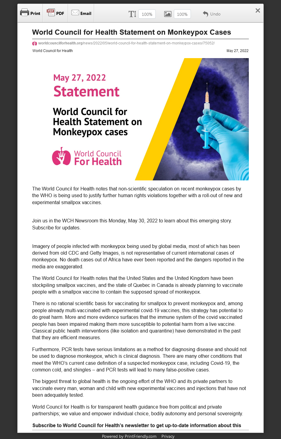 World Council for Health Statement on Monkeypox Cases